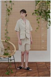 High-Waisted Linen Shorts with Raw Hem and Front Button Detail